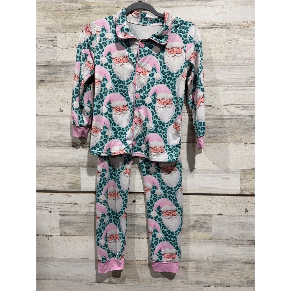 Boutique Santa Pajamas Girls 8-9 Teal Pink Leopard Print Holiday EUC